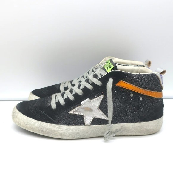 Golden Goose Mid Star Glitter Wing Tip Sneakers Black with Silver Star Size 38 - Picture 5 of 11